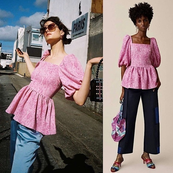 NWT STINE GOYA Pink Snake Print Crepe Square Neck Short Puff Sleeve Peplum Top S - Picture 1 of 16